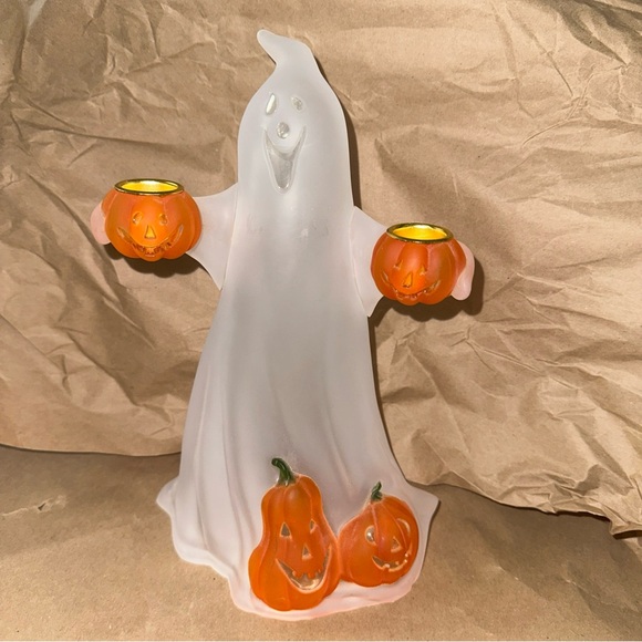 Frosted Ghost acrylic Candle Holder with Orange Pumpkins - Picture 1 of 12